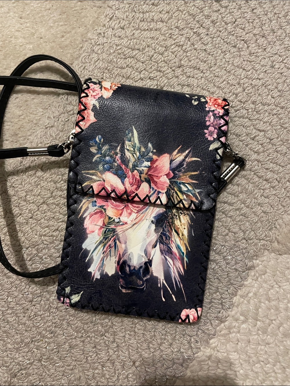 Floral Horse Print Crossbody Phone Bag - Navy